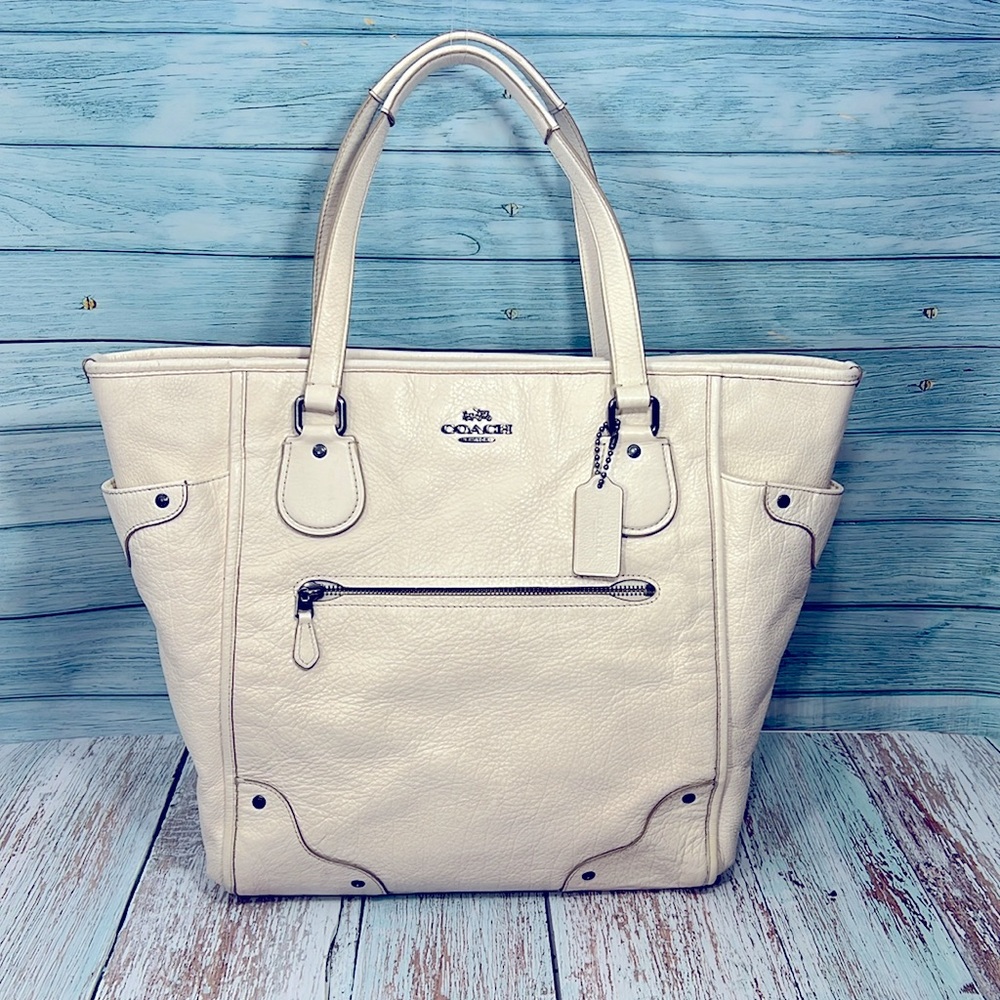 🌺 COACH MICKIE OFF WHITE CREAM PEBBLED LEATHER DOUBLE HANDLE ZIPPER TOTE BAG